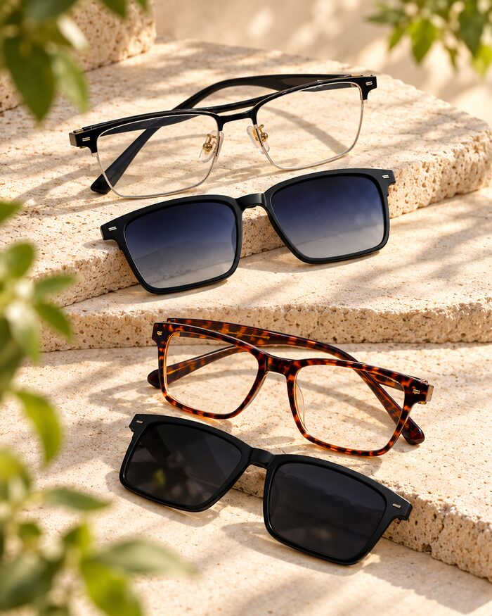 Magnetic clip-on sunglasses on eyeglasses frame
