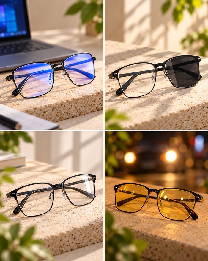 Bluecut, photochromic, anti-glare and night-driving lens features